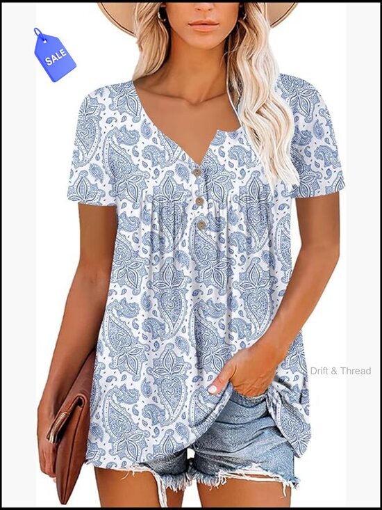 Tops - Womens Henley V Neck Casual Blouse Button Down Flare Tunic Top